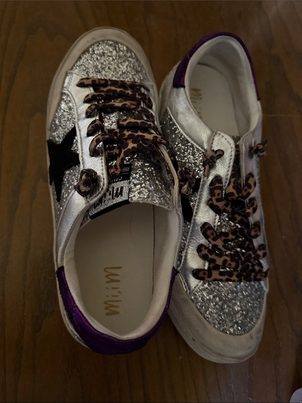 Mimi Silver Glitter Star Low-Top Sneakers with Leopard Laces